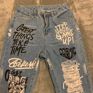 High Waisted Letter Graphic Ripped Jeans (Medium Blue)